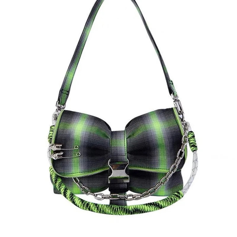 Plaid Bow Shoulder Bags Hip-pop Chains Underarm Style Harajuku Handbags