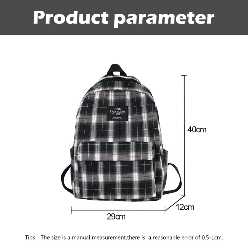 Plaid Canvas Women's Backpack Student Girl School Bags