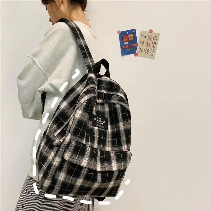 Plaid Canvas Women's Backpack Student Girl School Bags