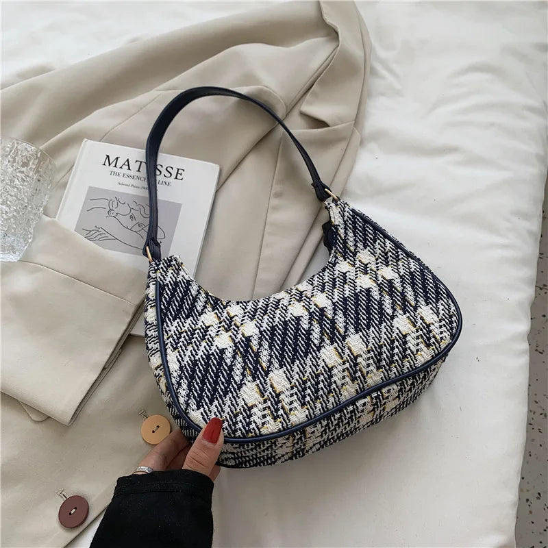 Plaid Canvas Women's Bag PU Leather Shoulder Bag Zipper Handbags