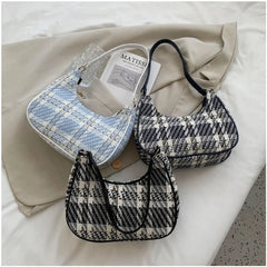 Plaid Canvas Shoulder Bag with PU Leather