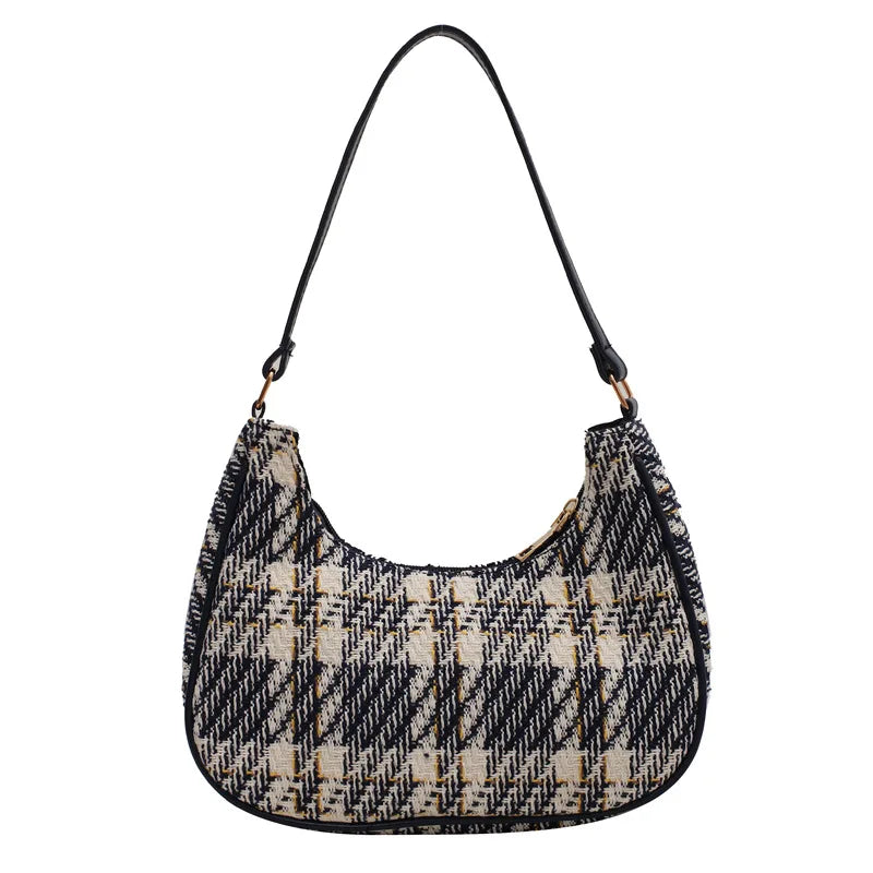 Plaid Canvas Shoulder Bag with PU Leather
