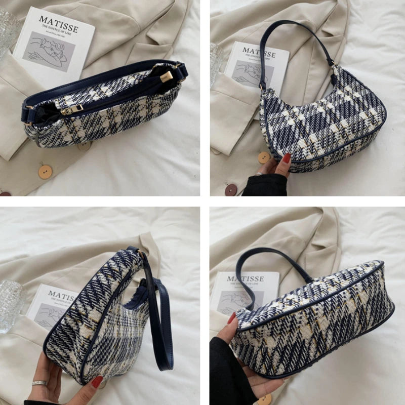 Plaid Canvas Women's Bag PU Leather Shoulder Bag Zipper Handbags