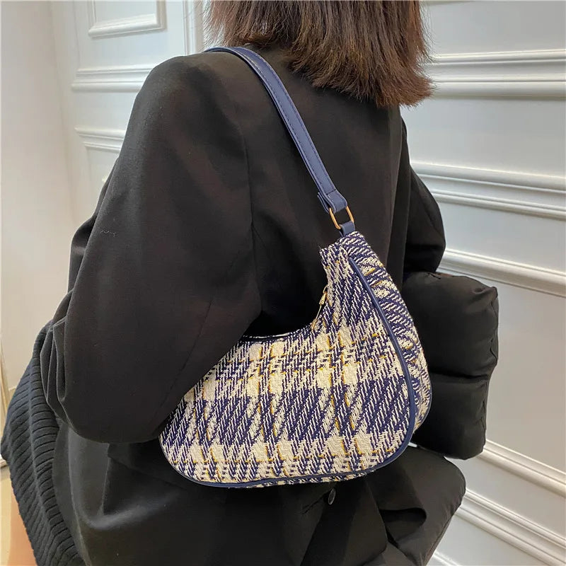 Plaid Canvas Shoulder Bag with PU Leather