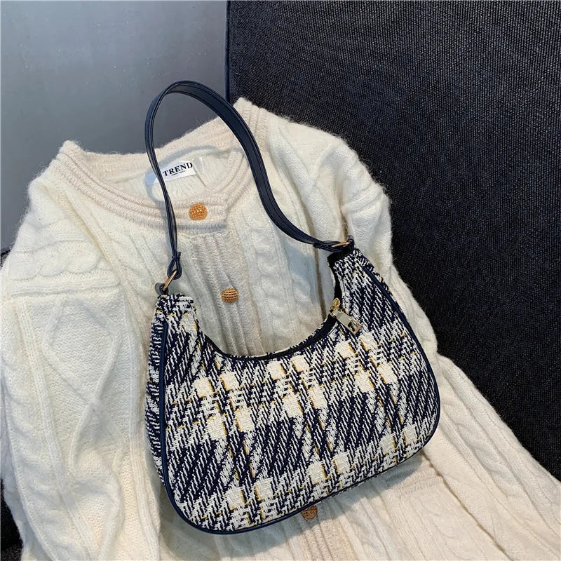 Plaid Canvas Shoulder Bag with PU Leather