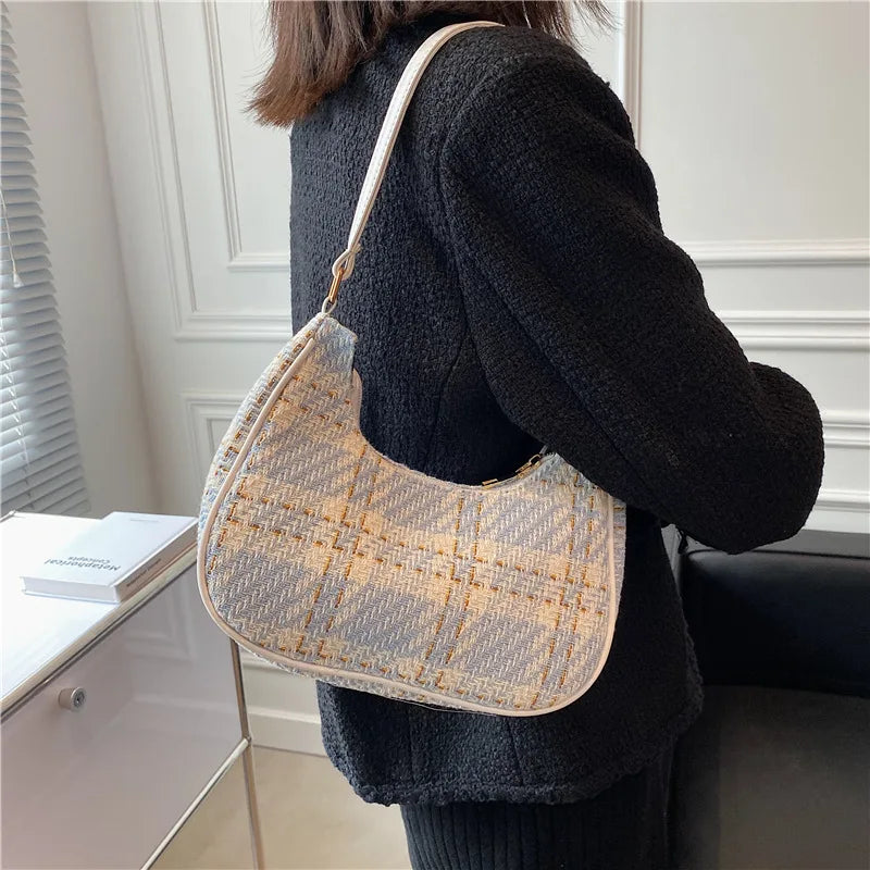 Plaid Canvas Shoulder Bag with PU Leather