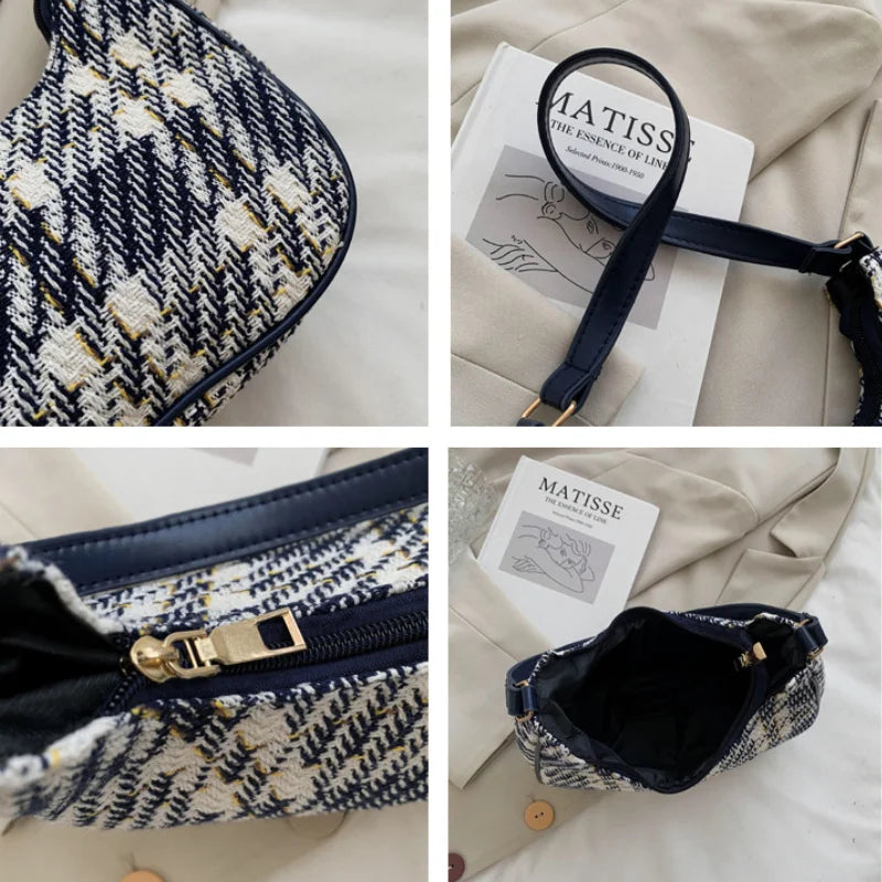 Plaid Canvas Women's Bag PU Leather Shoulder Bag Zipper Handbags