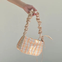 Plaid Fold Drawstring Handbag for Women Girls Nylon Small Shoulder Underarm Bag