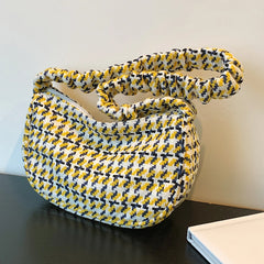 Vintage Plaid Ladies Tote Bag Half Moon Shape Female Hand Bag for Weekend Vacati