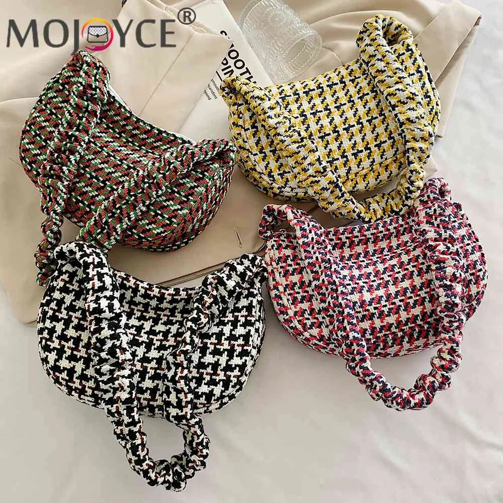 Vintage Plaid Shoulder Bag Half Moon Shape Casual Underarm Bag for Weekend Vacat