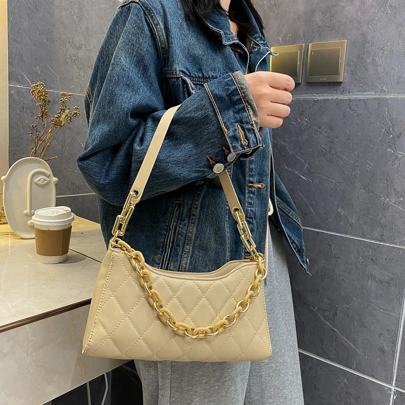 Plaid Underarm Shoulder Bag Small Purses Chain Leather Clutch Bag