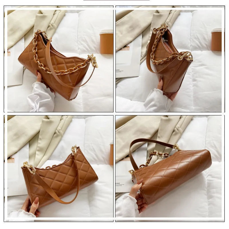 Plaid Underarm Shoulder Bag Small Purses Chain Leather Clutch Bag