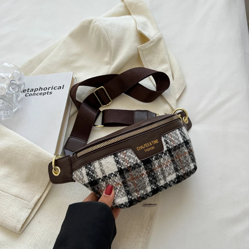 Plaid Waist Bag Women Woolen Fanny Pack Crossbody Chest Bag