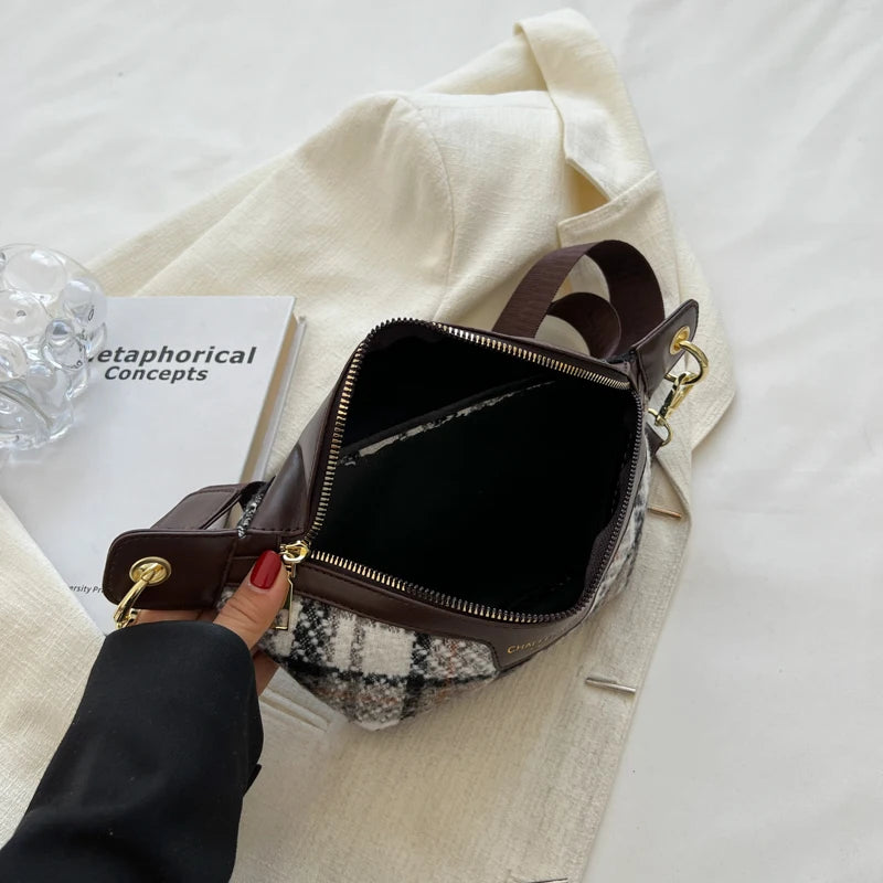 Plaid Waist Bag Women Woolen Fanny Pack Crossbody Chest Bag
