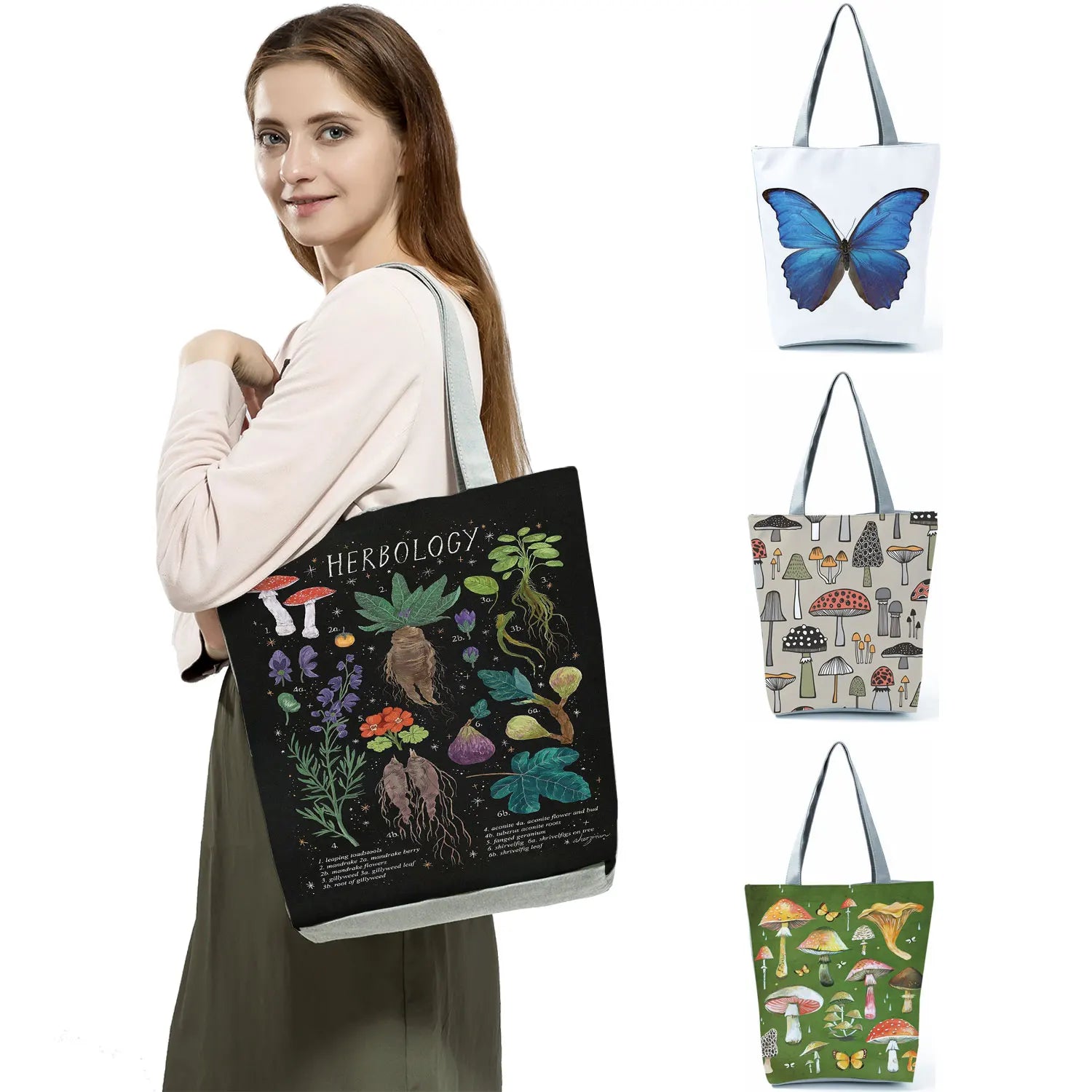 Mushroom Printed Reusable Shopping Bag Female Pattern Floral Shoulder Bag