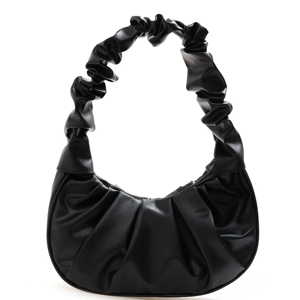 Pleated PU Shoulder Underarm Bag Women Large Top-handle Vintage Solid Handbags