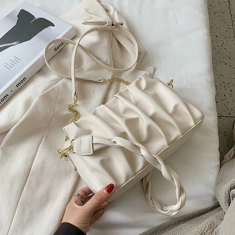 Pleated Ruched Shoulder Bag Chain Cross Body Flap Bag