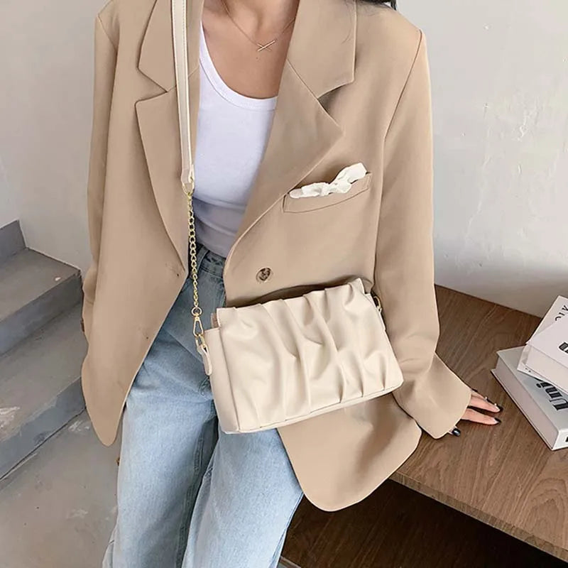 Pleated Ruched Shoulder Bag Chain Cross Body Flap Bag
