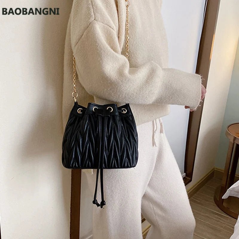 Pleated Crossbody Bag Tassel Bucket Handbag Chain Tote