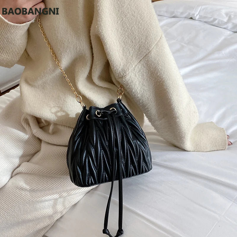 Pleated Crossbody Bag Tassel Bucket Handbag Chain Tote