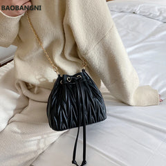 Pleated Crossbody Bag Tassel Bucket Handbag Chain Tote