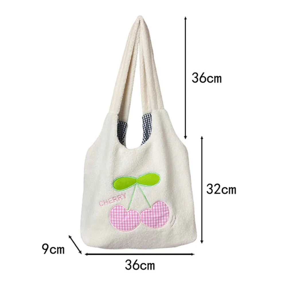 Fluffy Shopping Bag Cherry Cartoon Winter Soft Casual Book Bag