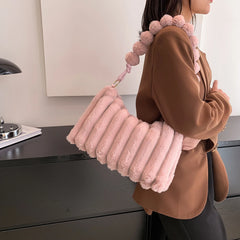 Soft Winter Solid Fluffy Women Tote Bag Zipper Shoulder Bag