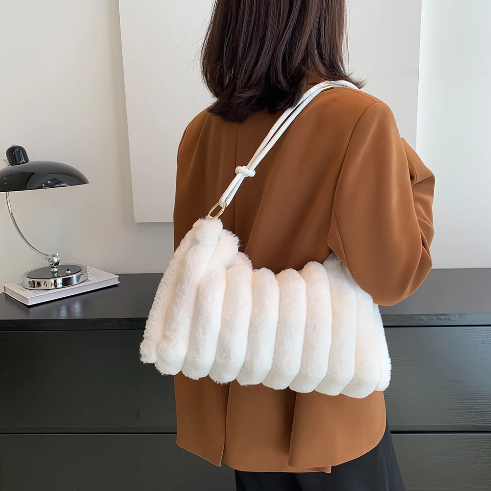 Soft Winter Solid Fluffy Women Tote Bag Zipper Shoulder Bag