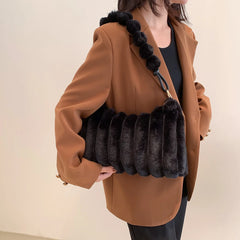 Soft Winter Solid Fluffy Women Tote Bag Zipper Shoulder Bag