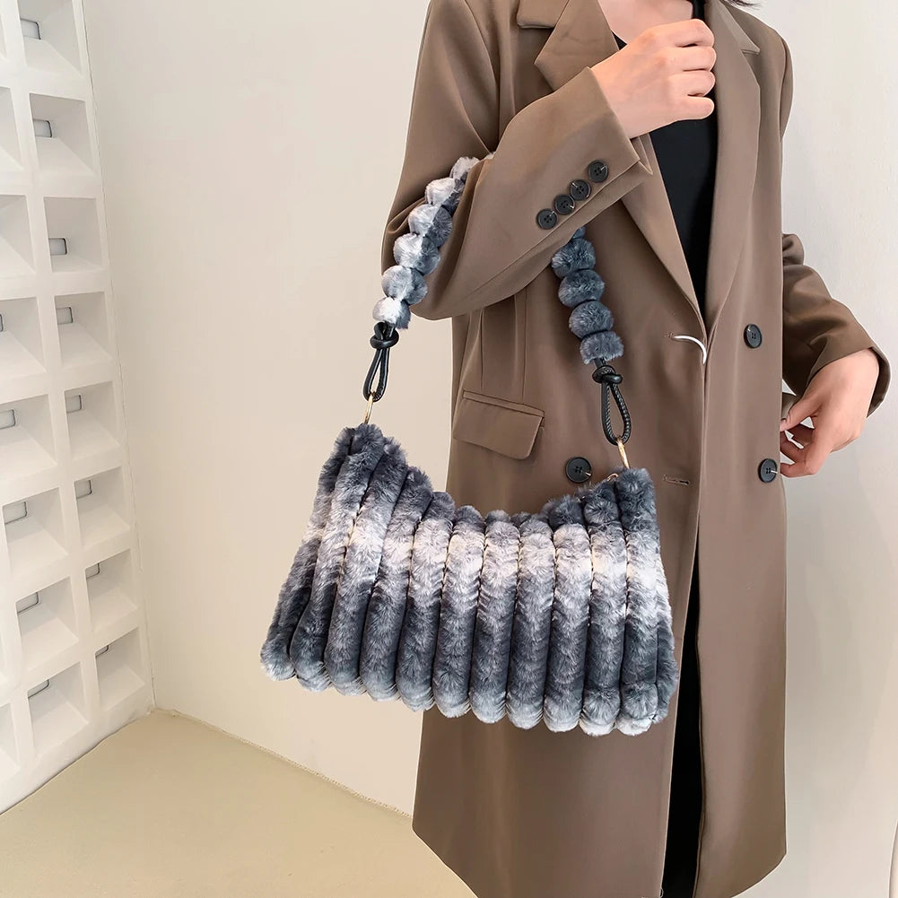 Soft Winter Solid Fluffy Women Tote Bag Zipper Shoulder Bag
