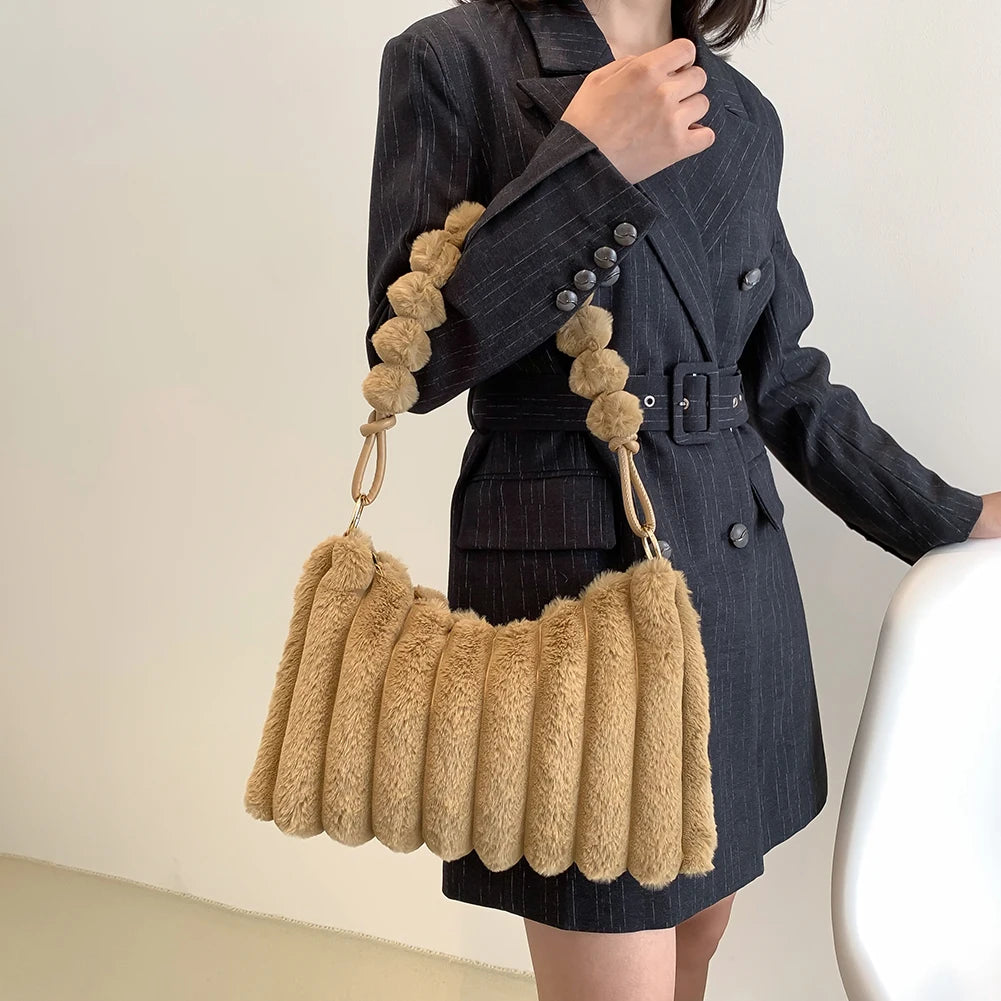 Soft Winter Solid Fluffy Women Tote Bag Zipper Shoulder Bag