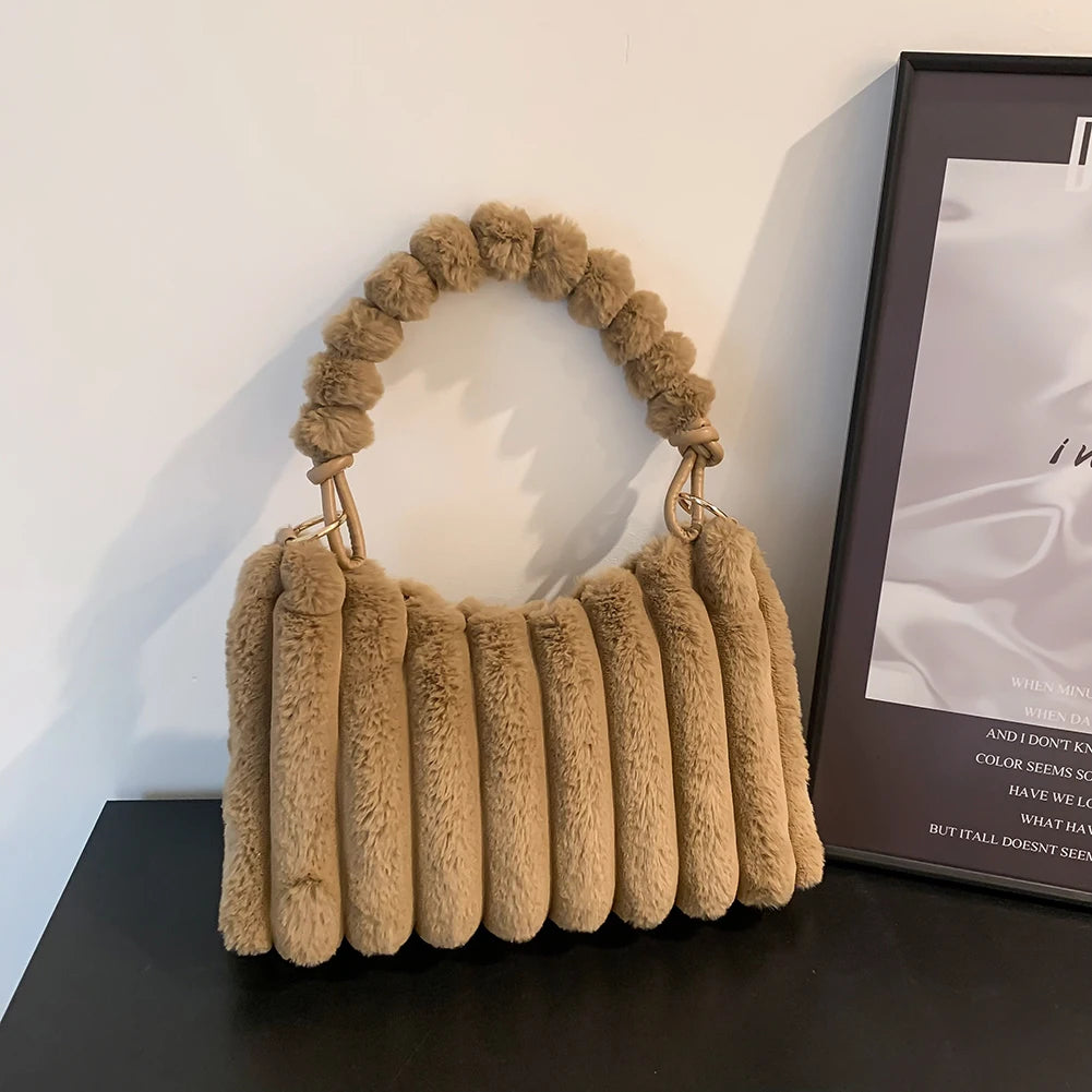 Soft Winter Solid Fluffy Women Tote Bag Zipper Shoulder Bag