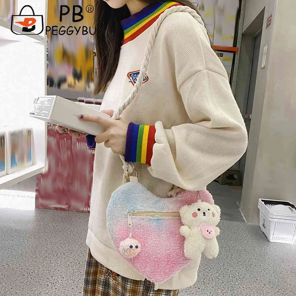 Women's Soft Peach Heart Handbag with Bear Pendant