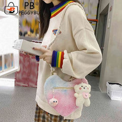 Women's Soft Peach Heart Handbag with Bear Pendant