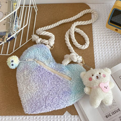 Women's Soft Peach Heart Handbag with Bear Pendant