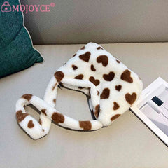 Love Heart Print Fluffy Shoulder Bag Soft Casual Portable for Party