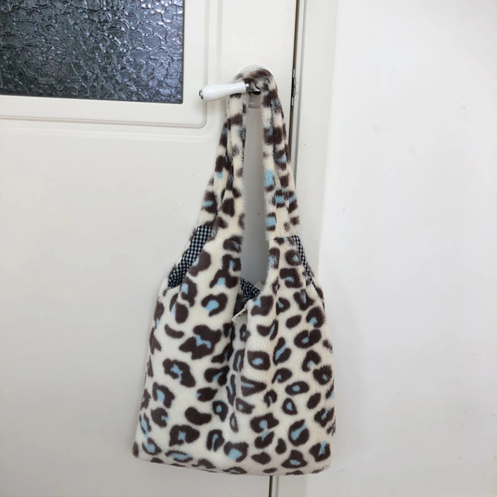 Leopard Print Shoulder Bag Soft Fluffy Handheld Shopping Bag for Autumn Winter