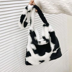 Leopard Print Plush Tote Bag for Women Soft Handbag Winter Messenger Bag