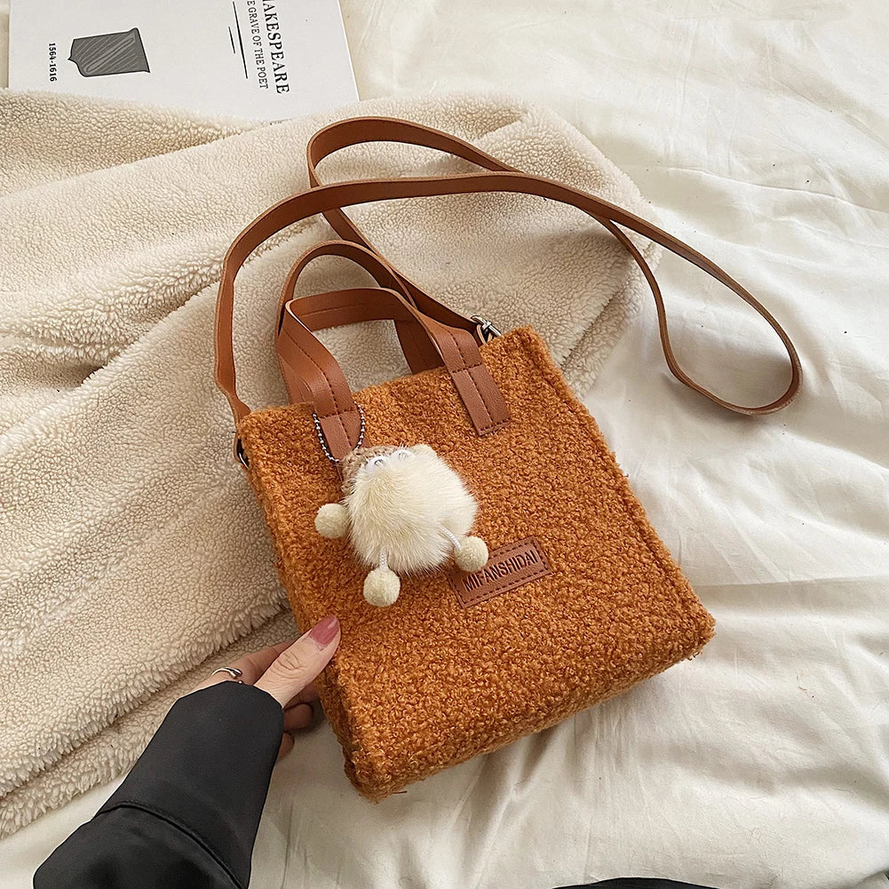 Faux Fur Crossbody Bag with Pendant for Winter