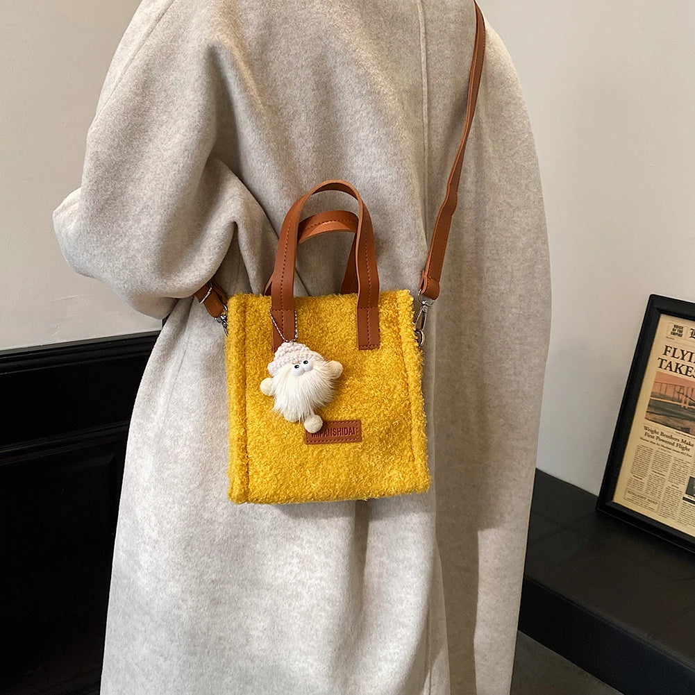 Faux Fur Crossbody Bag with Pendant for Winter