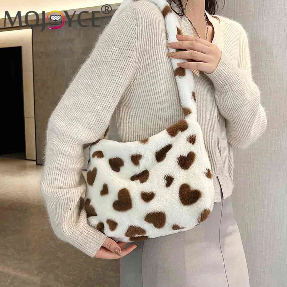 Fluffy Love Heart Print Handbag for Holiday Party