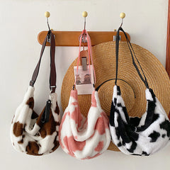 Stylish Plush Women Shoulder Bag Zipper Large Capacity Soft Handbag