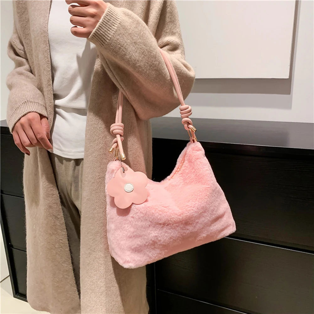 Plush Women Shoulder Bag PU Strap Autumn Winter Female Commute Bag