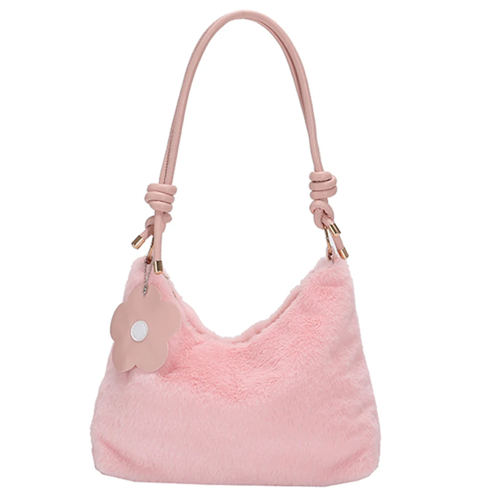 Plush Women Shoulder Bag with Flower Pendant