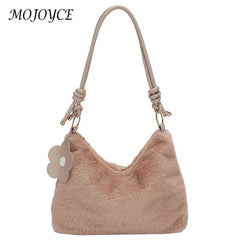 Plush Women Shoulder Bag with Flower Pendant