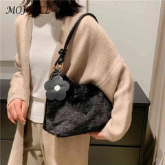 Plush Women Shoulder Bag with Flower Pendant