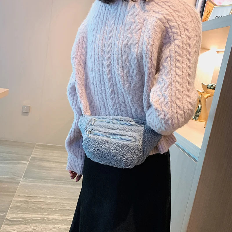 Plush Women's Waist Bag Solid Belt Bags Shoulder Crossbody Chest Bag
