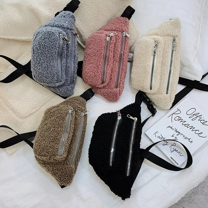 Plush Women's Waist Bag Solid Belt Bags Shoulder Crossbody Chest Bag