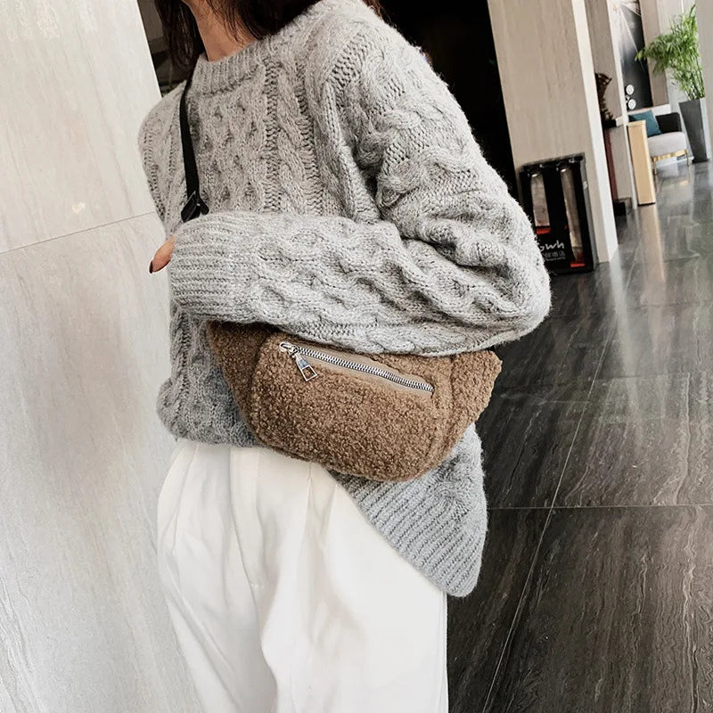 Plush Women's Waist Bag Solid Belt Bags Shoulder Crossbody Chest Bag