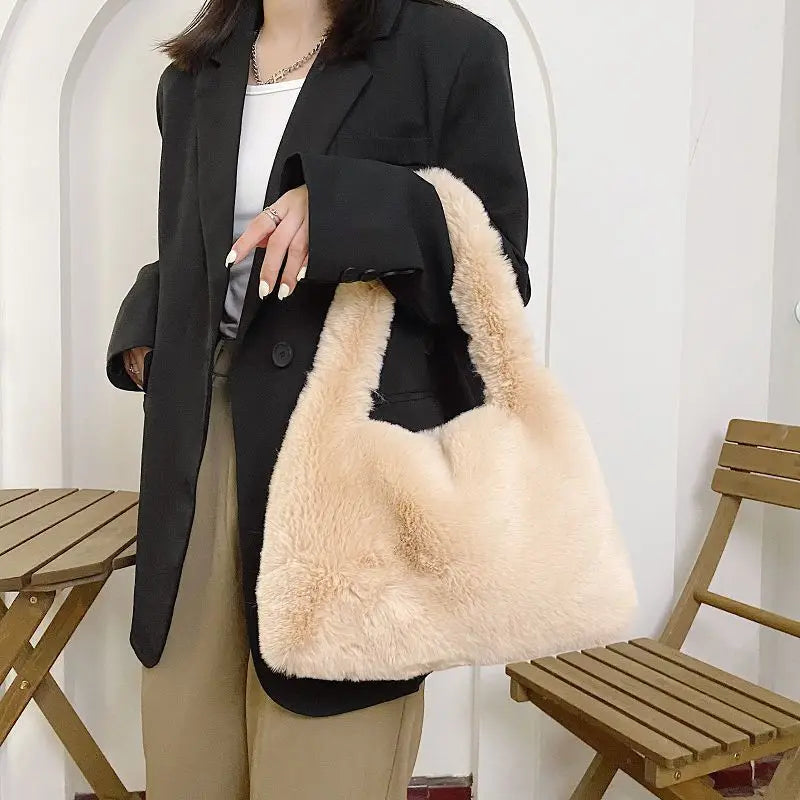 Retro Plush Bucket Bag Women's Handbag Casual Shoulder Bag